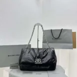 Balenciaga Women Monaco Large Chain Bag in Black/Silver Arena Calfskin