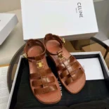 Celine Women Clea Triomphe Gladiator Sandal in Calfskin-Vegetal Tanning
