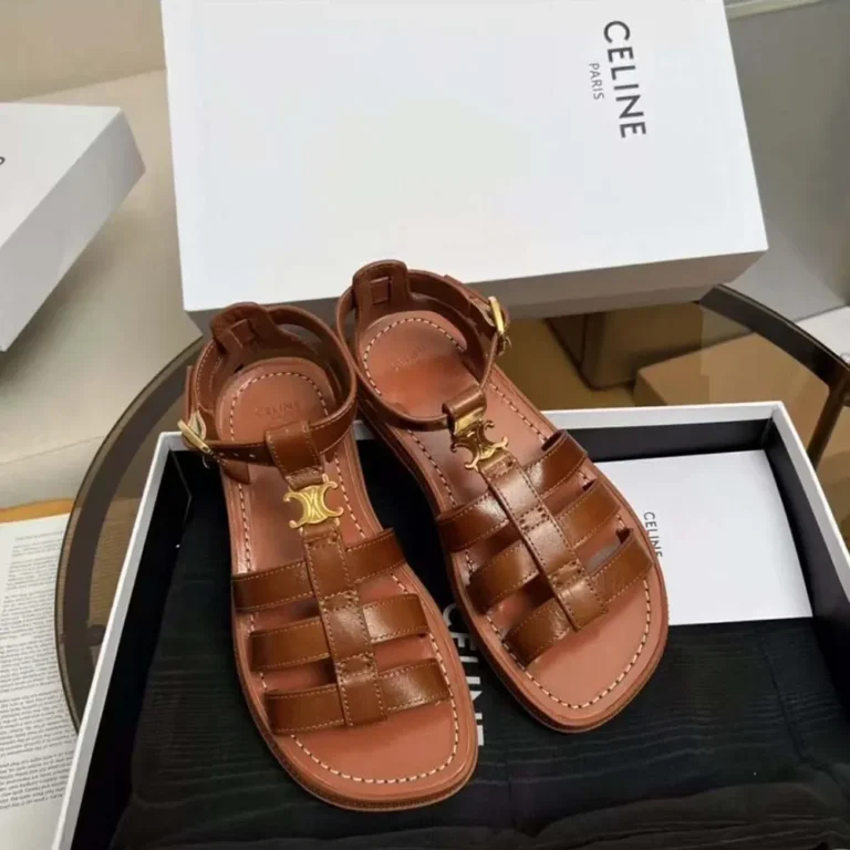 Celine Women Clea Triomphe Gladiator Sandal in Calfskin-Vegetal Tanning