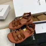 Celine Women Clea Triomphe Gladiator Sandal in Calfskin-Vegetal Tanning