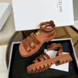 Celine Women Clea Triomphe Gladiator Sandal in Calfskin-Vegetal Tanning