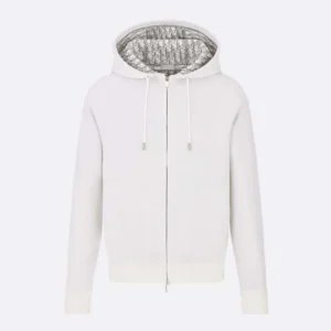 Hooded Track Jacket White Cotton Knit and Cashmere