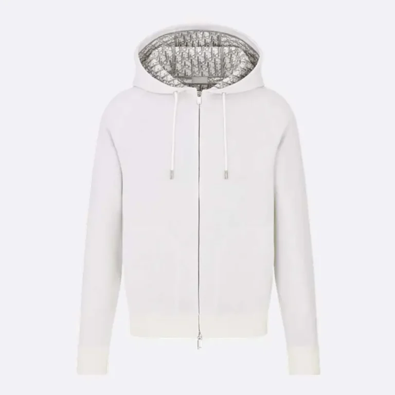Hooded Track Jacket White Cotton Knit and Cashmere