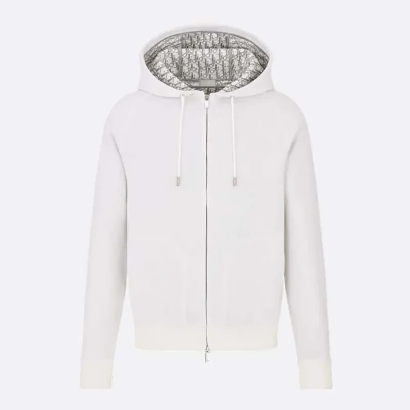 Hooded Track Jacket White Cotton Knit and Cashmere