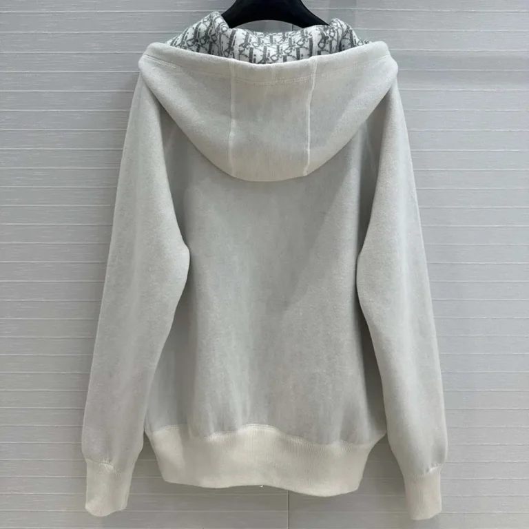 Hooded Track Jacket White Cotton Knit and Cashmere