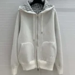 Hooded Track Jacket White Cotton Knit and Cashmere