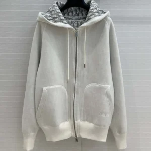 Hooded Track Jacket White Cotton Knit and Cashmere