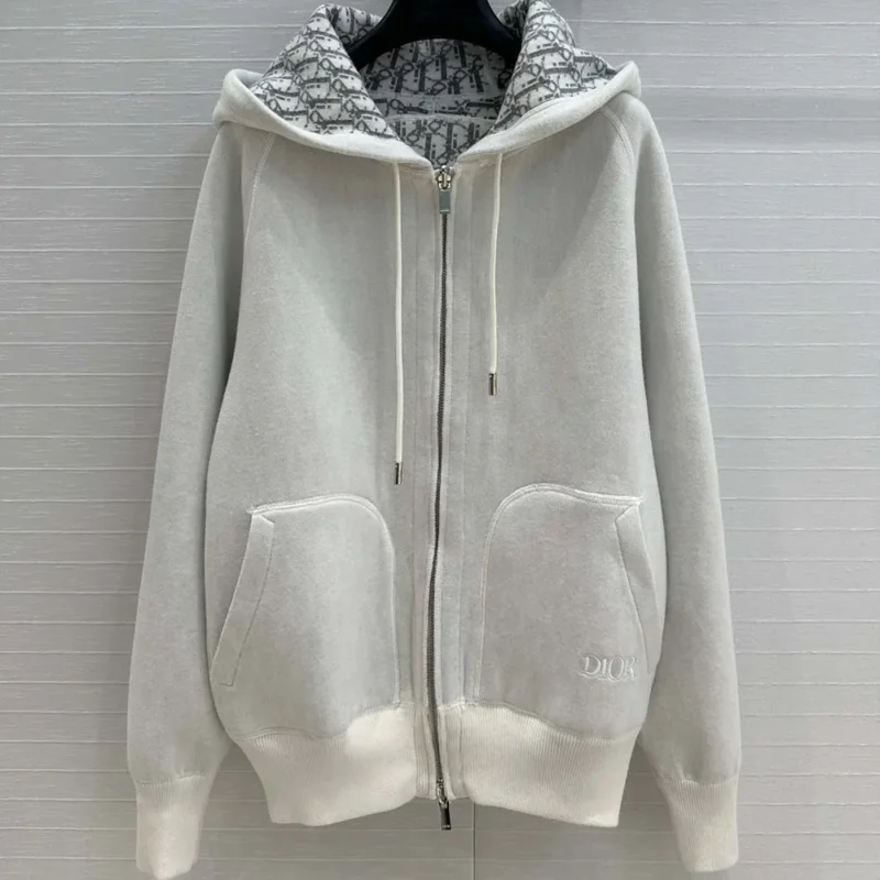 Hooded Track Jacket White Cotton Knit and Cashmere