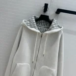 Hooded Track Jacket White Cotton Knit and Cashmere