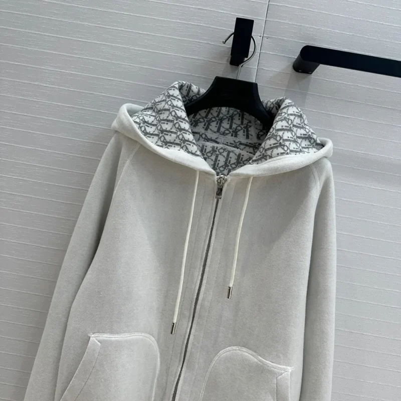 Hooded Track Jacket White Cotton Knit and Cashmere