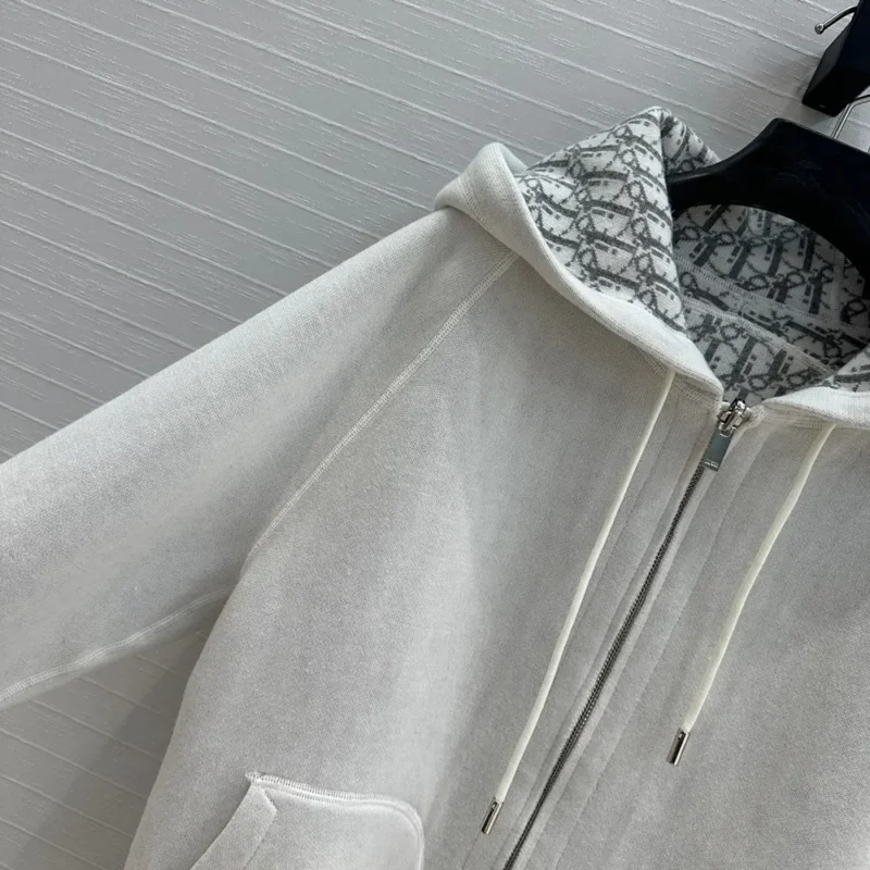 Hooded Track Jacket White Cotton Knit and Cashmere