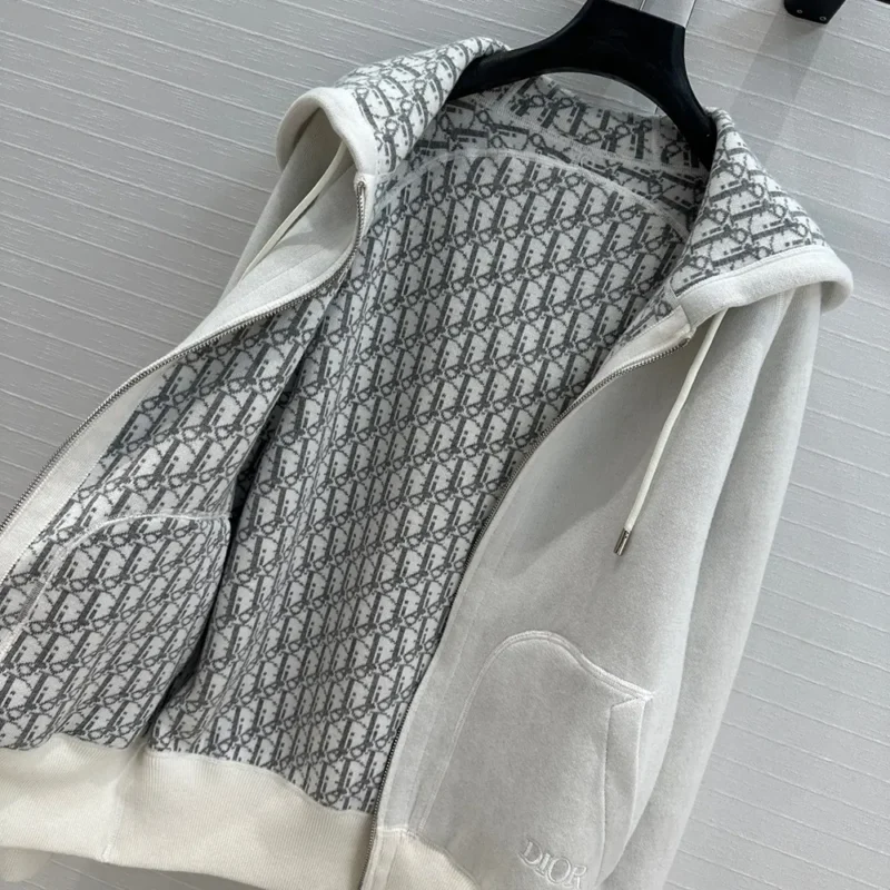Hooded Track Jacket White Cotton Knit and Cashmere