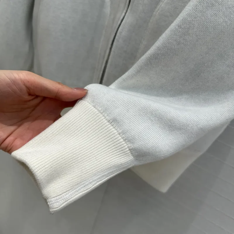 Hooded Track Jacket White Cotton Knit and Cashmere