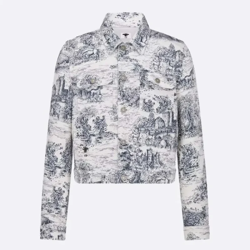 Jacket White Cotton Denim with Blue Toile de Jouy Scotland Motif