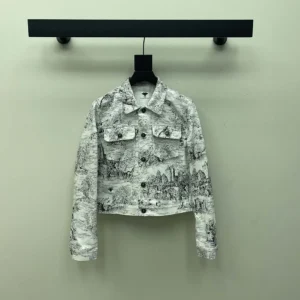 Jacket White Cotton Denim with Blue Toile de Jouy Scotland Motif