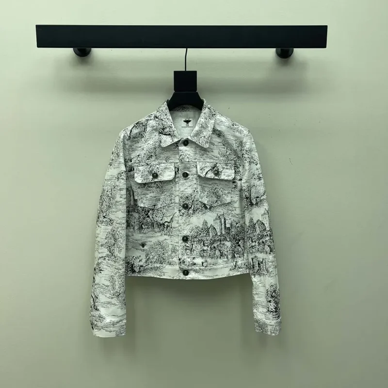 Jacket White Cotton Denim with Blue Toile de Jouy Scotland Motif