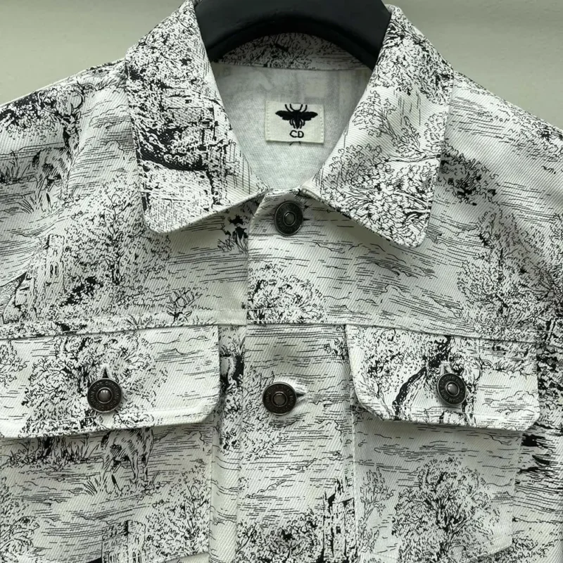 Jacket White Cotton Denim with Blue Toile de Jouy Scotland Motif