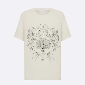 T-Shirt White Cotton and Linen Jersey with Black Dior Cabinet de Curiosités Motif