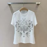 T-Shirt White Cotton and Linen Jersey with Black Dior Cabinet de Curiosités Motif