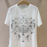 T-Shirt White Cotton and Linen Jersey with Black Dior Cabinet de Curiosités Motif
