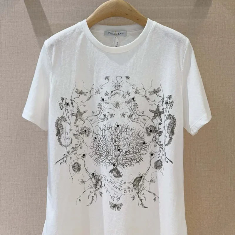 T-Shirt White Cotton and Linen Jersey with Black Dior Cabinet de Curiosités Motif