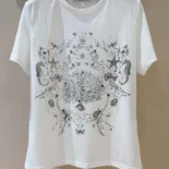 T-Shirt White Cotton and Linen Jersey with Black Dior Cabinet de Curiosités Motif