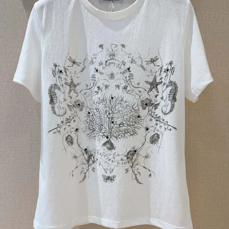 T-Shirt White Cotton and Linen Jersey with Black Dior Cabinet de Curiosités Motif