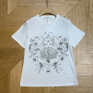 T-Shirt White Cotton and Linen Jersey with Black Dior Cabinet de Curiosités Motif