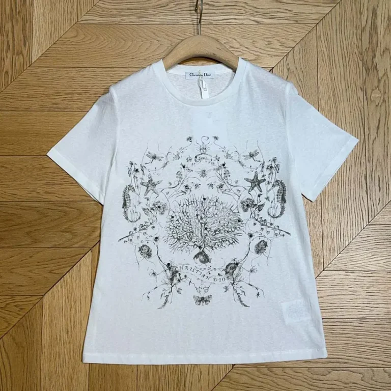 T-Shirt White Cotton and Linen Jersey with Black Dior Cabinet de Curiosités Motif