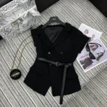 Dior Women Asymmetric Short-Sleeved Jacket with Belt Black Silk and Cotton Faille