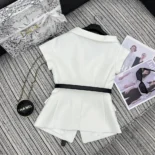 Dior Women Asymmetric Short-Sleeved Jacket with Belt Ecru Virgin Wool and Silk Grain de Poudre