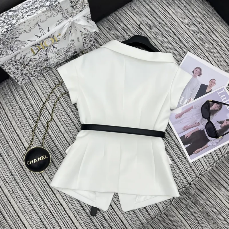 Dior Women Asymmetric Short-Sleeved Jacket with Belt Ecru Virgin Wool and Silk Grain de Poudre