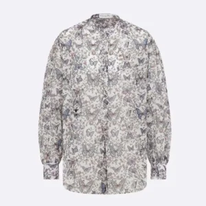 Dior Women Blouse White Cotton Muslin with Multicolor Toile de Jouy Papillon Motif