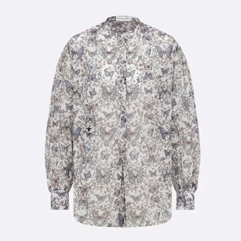 Dior Women Blouse White Cotton Muslin with Multicolor Toile de Jouy Papillon Motif