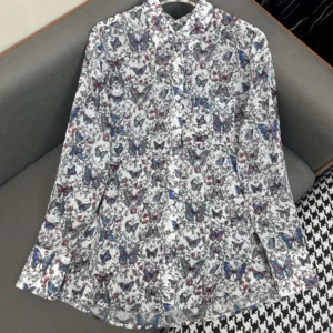 Dior Women Blouse White Cotton Muslin with Multicolor Toile de Jouy Papillon Motif