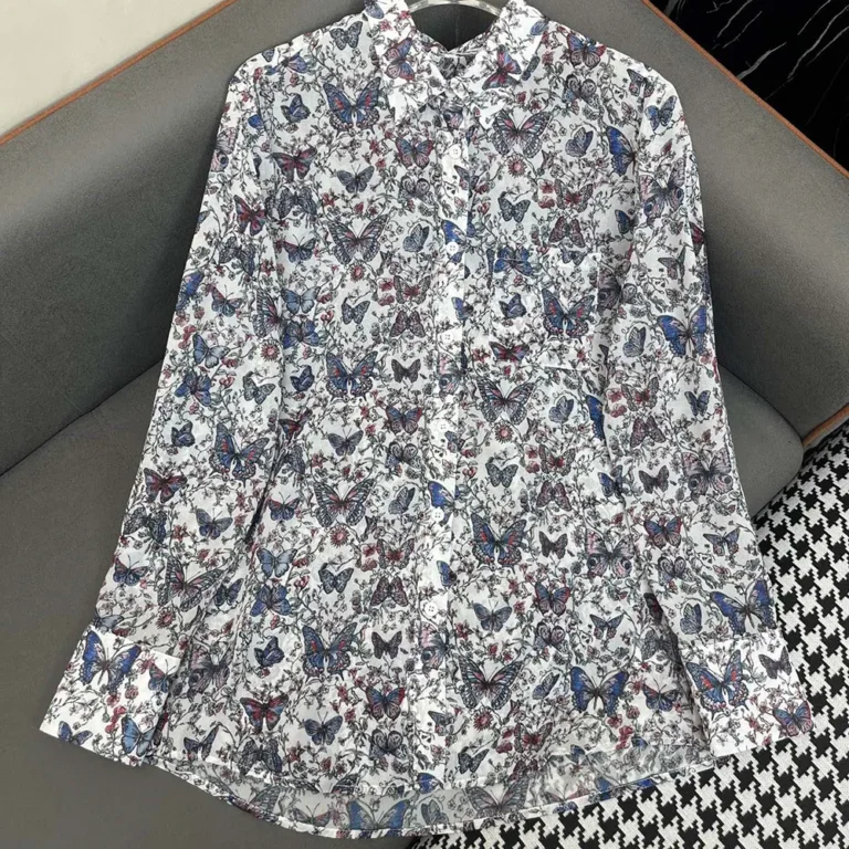 Dior Women Blouse White Cotton Muslin with Multicolor Toile de Jouy Papillon Motif