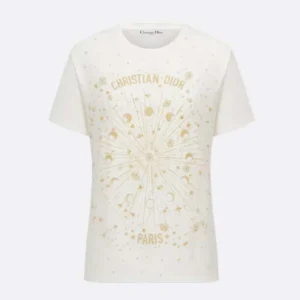 Embroidered T-Shirt White Cotton Jersey with Gold-Tone Dior Astral Motif