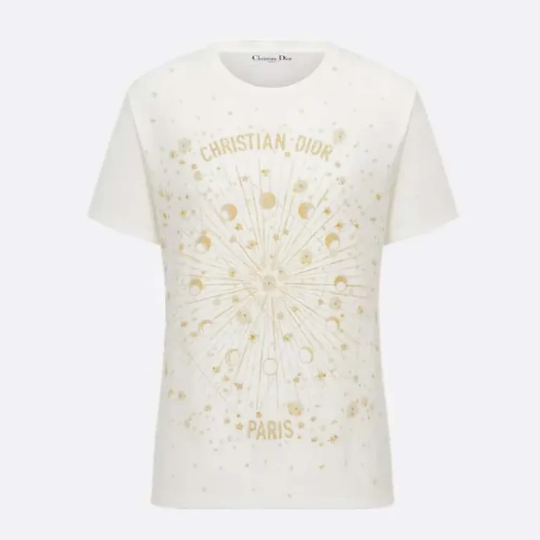 Embroidered T-Shirt White Cotton Jersey with Gold-Tone Dior Astral Motif