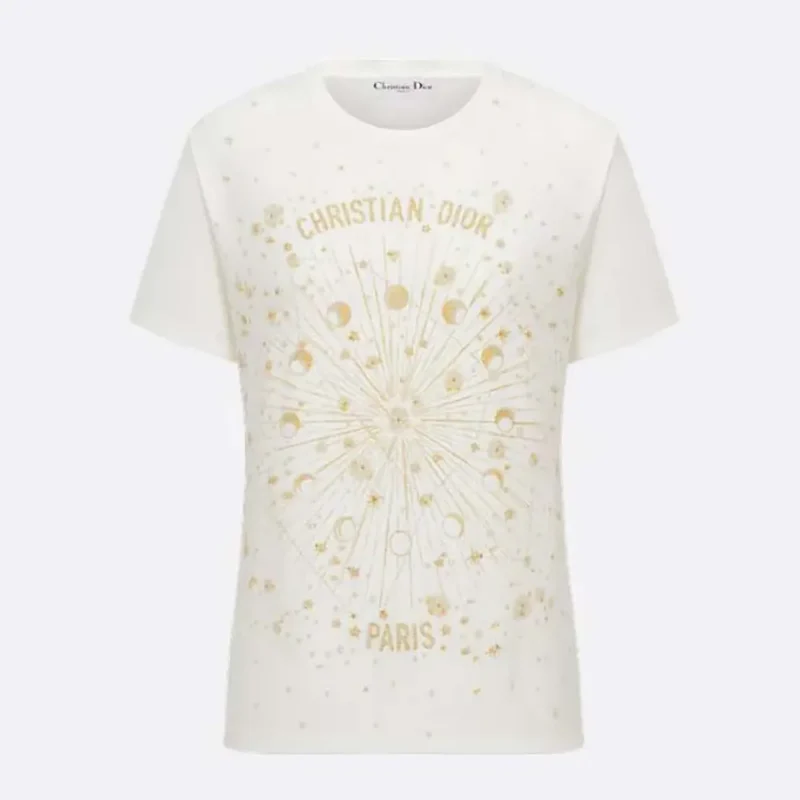 Embroidered T-Shirt White Cotton Jersey with Gold-Tone Dior Astral Motif