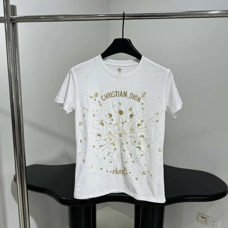 Embroidered T-Shirt White Cotton Jersey with Gold-Tone Dior Astral Motif