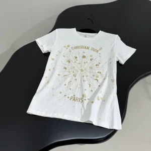 Embroidered T-Shirt White Cotton Jersey with Gold-Tone Dior Astral Motif
