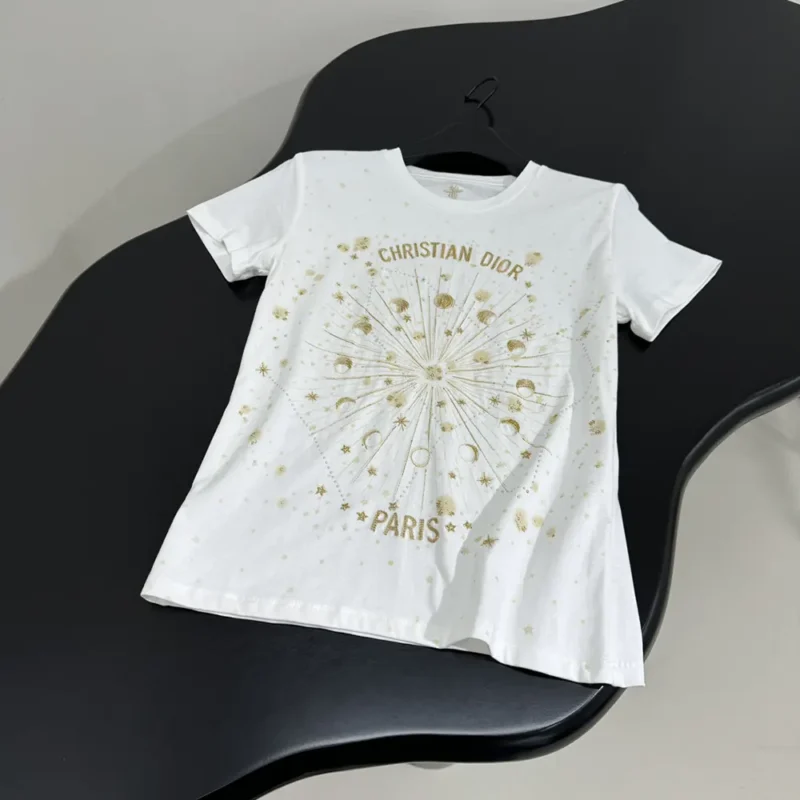 Embroidered T-Shirt White Cotton Jersey with Gold-Tone Dior Astral Motif