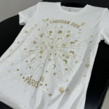 Embroidered T-Shirt White Cotton Jersey with Gold-Tone Dior Astral Motif
