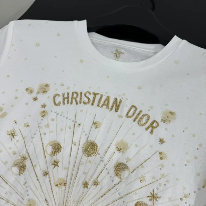 Embroidered T-Shirt White Cotton Jersey with Gold-Tone Dior Astral Motif
