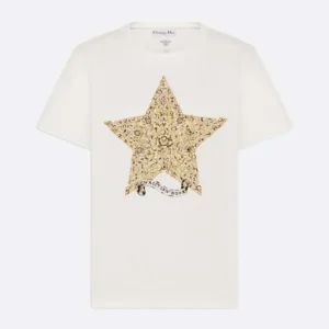Embroidered T-Shirt White Cotton and Linen Jersey
