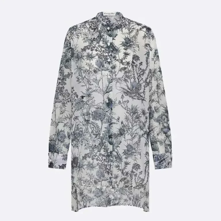 Dior Women Long Blouse White Cotton Muslin with Blue Dior Chardons Motif
