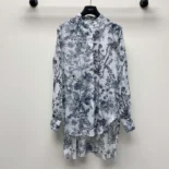Dior Women Long Blouse White Cotton Muslin with Blue Dior Chardons Motif