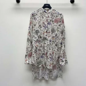 Dior Women Long Blouse White Cotton Muslin with Multicolor Dior Cabinet de Curiosités Motif