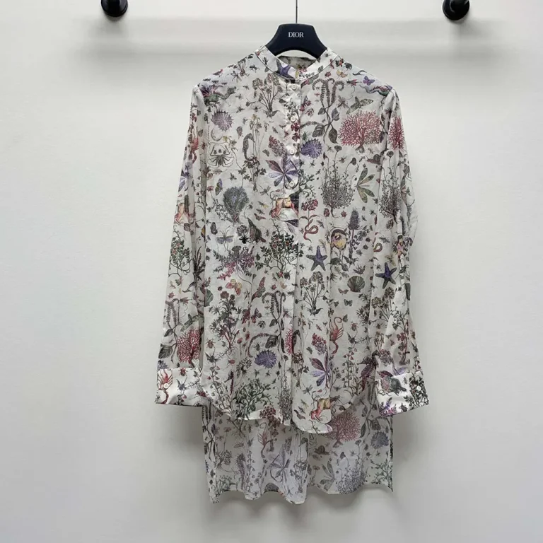 Dior Women Long Blouse White Cotton Muslin with Multicolor Dior Cabinet de Curiosités Motif