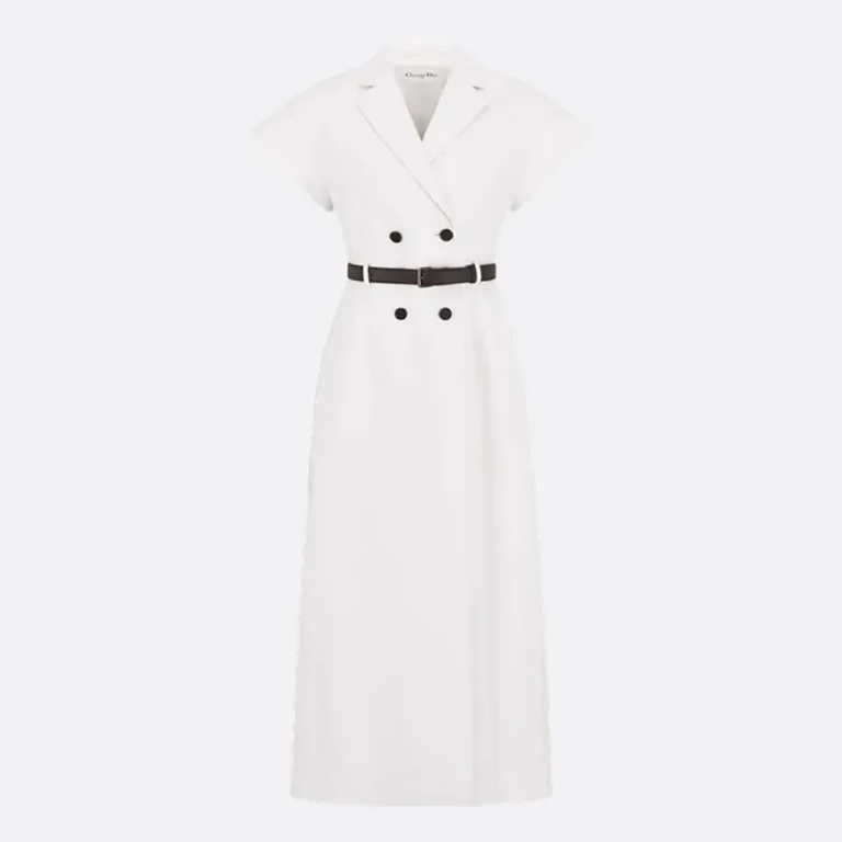 Dior Women Mid-Length Belted Dress Ecru Virgin Wool and Silk Grain de Poudre
